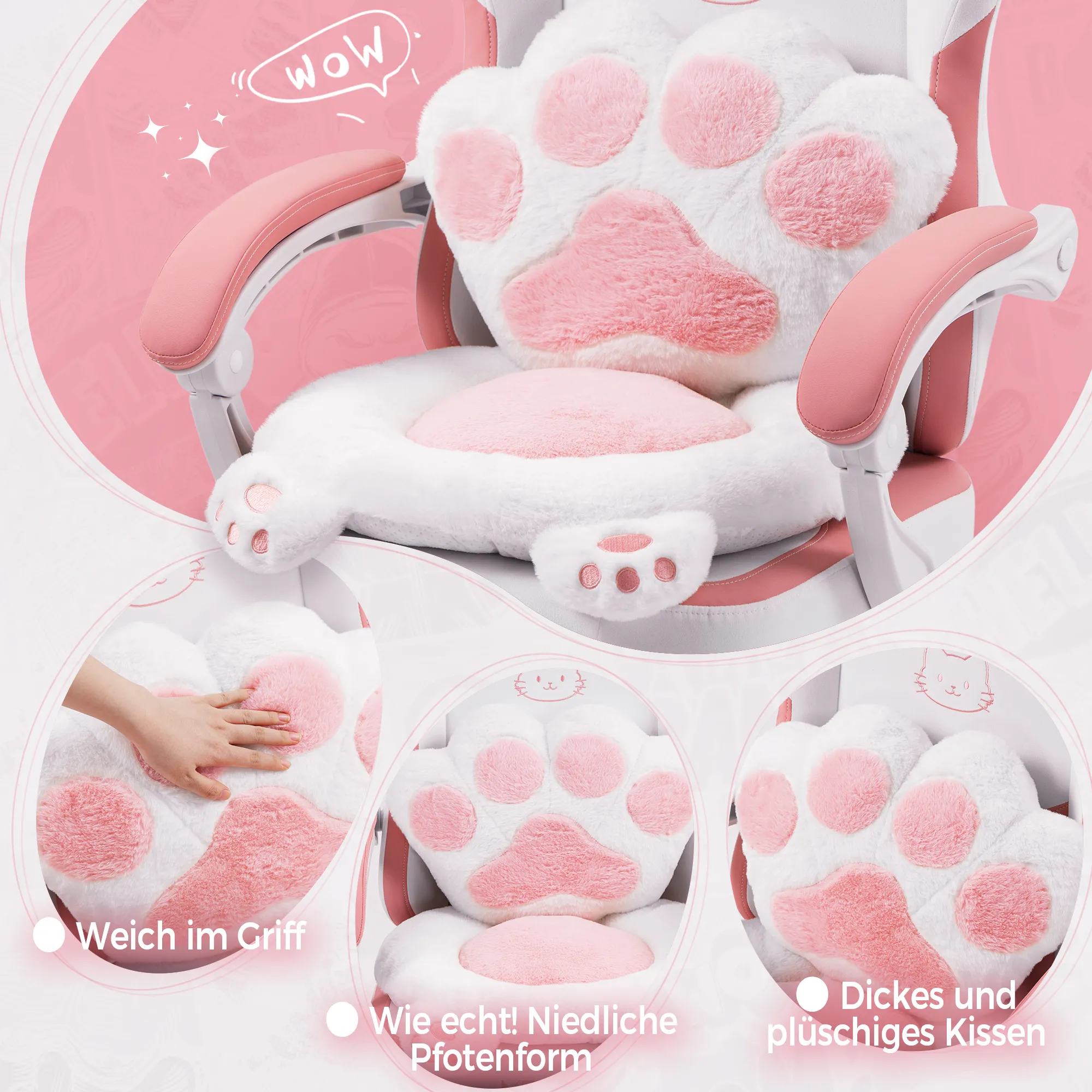 Vinsetto Gamingstuhl Rosa/Weiß – PVC, Ergonomisch Mit Verstellbarer Kopfstütze, Rennstil
